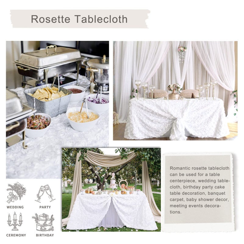 Fanqisi White 3D Floral Satin Raised Rosettes Tablecloth Rectangular 90x132 Inches Rosette Tablecloth for Wedding Baby Shower Table Bridal Shower Meeting Events Decoration - Image 5